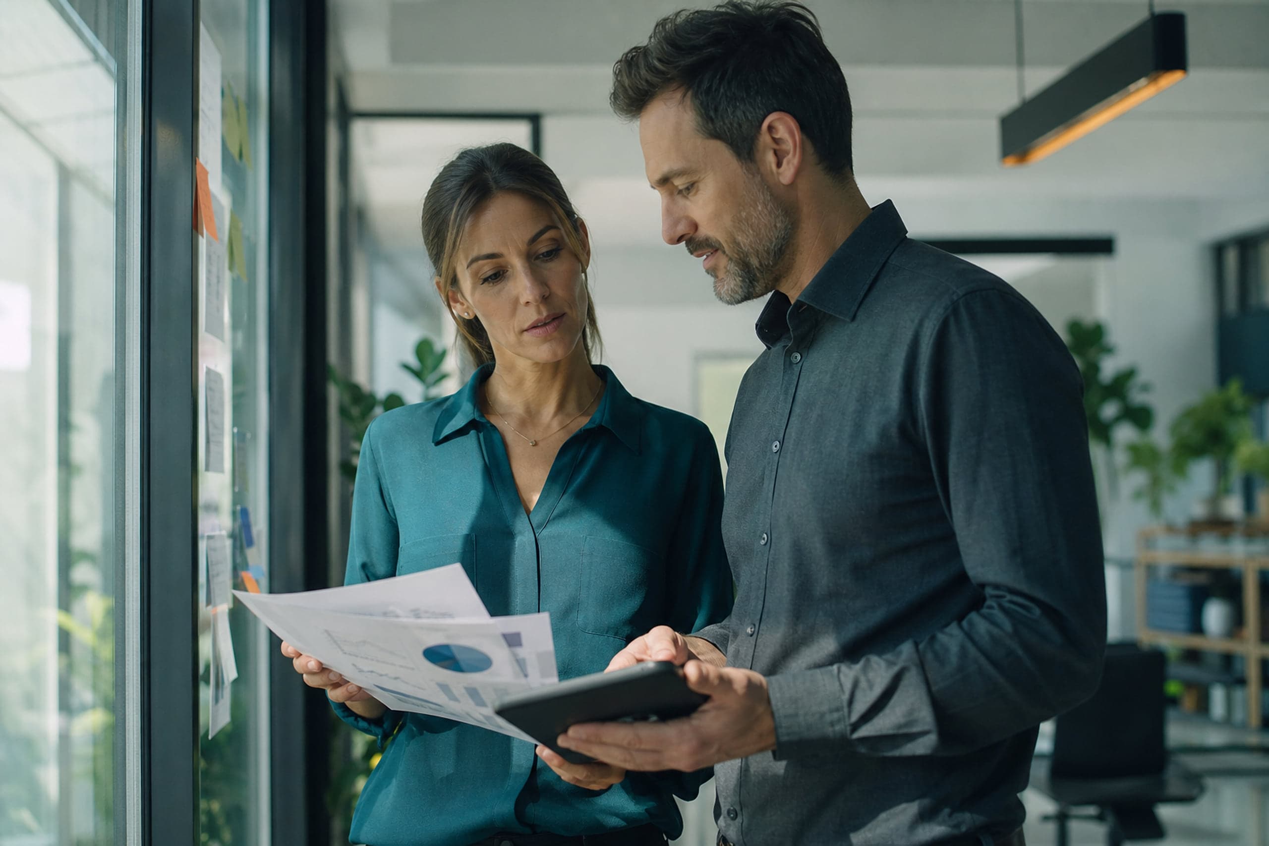 Zwei Berater von SGV Energy Consulting stimmen Tarifunterlagen in einem hellen Besprechungsraum ab