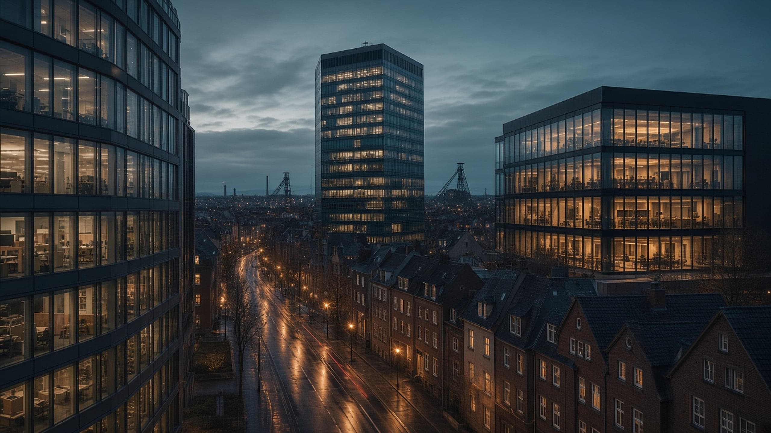Stadtansicht im Ruhrgebiet in der Dämmerung, stellvertretend für den Sitz in Essen und den Einsatz deutschlandweit