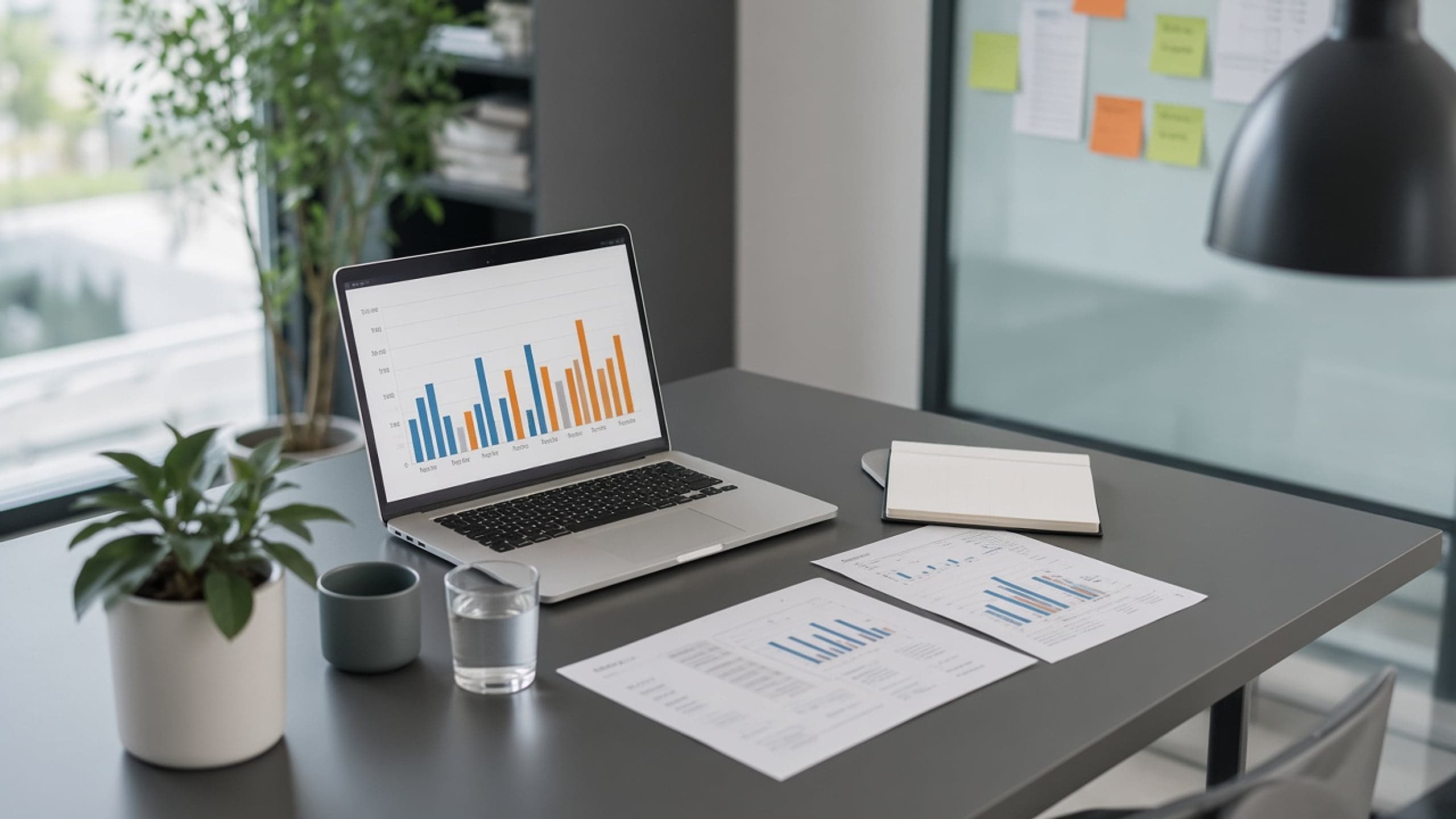 Tarifvergleich auf dem Schreibtisch: Laptop, Unterlagen und Notizen zur Strom- und Gaskostenanalyse